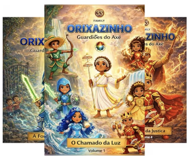 Montagem das capas de Orixazinho — Guardiões do Axé, com O Chamado da Luz em destaque