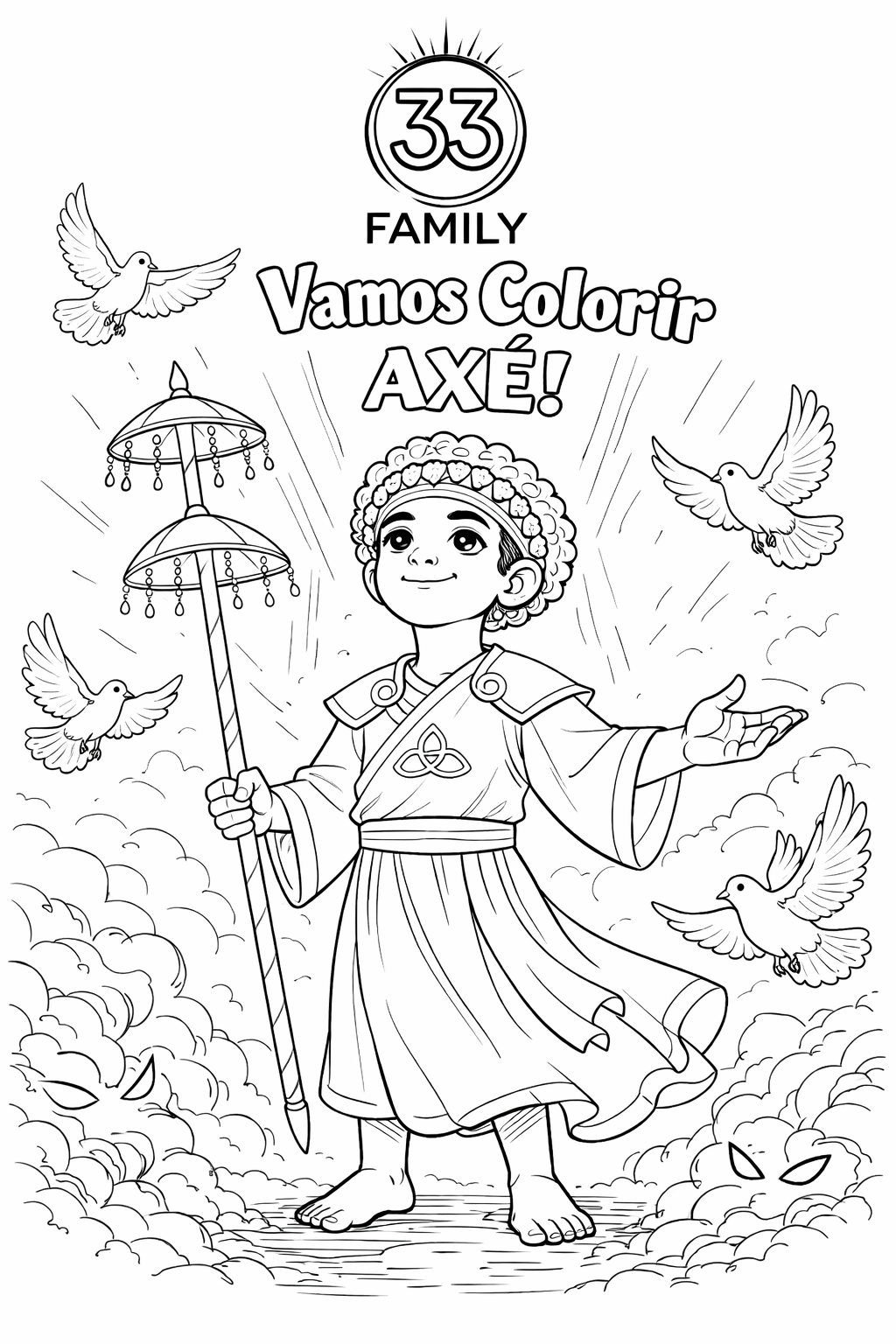Exemplo de página para colorir de Orixazinho: um pequeno herói com cajado entre pássaros e nuvens, com o título Vamos Colorir Axé